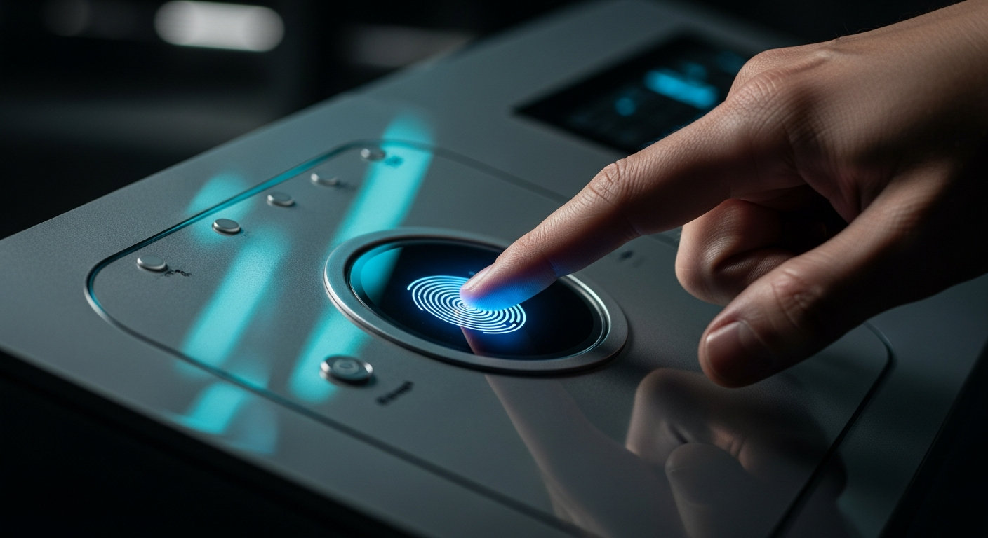 AI_IMAGE: Close-up of a security officer's hand on a control panel with biometric scanner glowing blue, dark background with subtle cyan reflections on polished surface, professional security technology, sharp focus on fingerprint reader, moody cinematic lighting | photorealistic | landscape