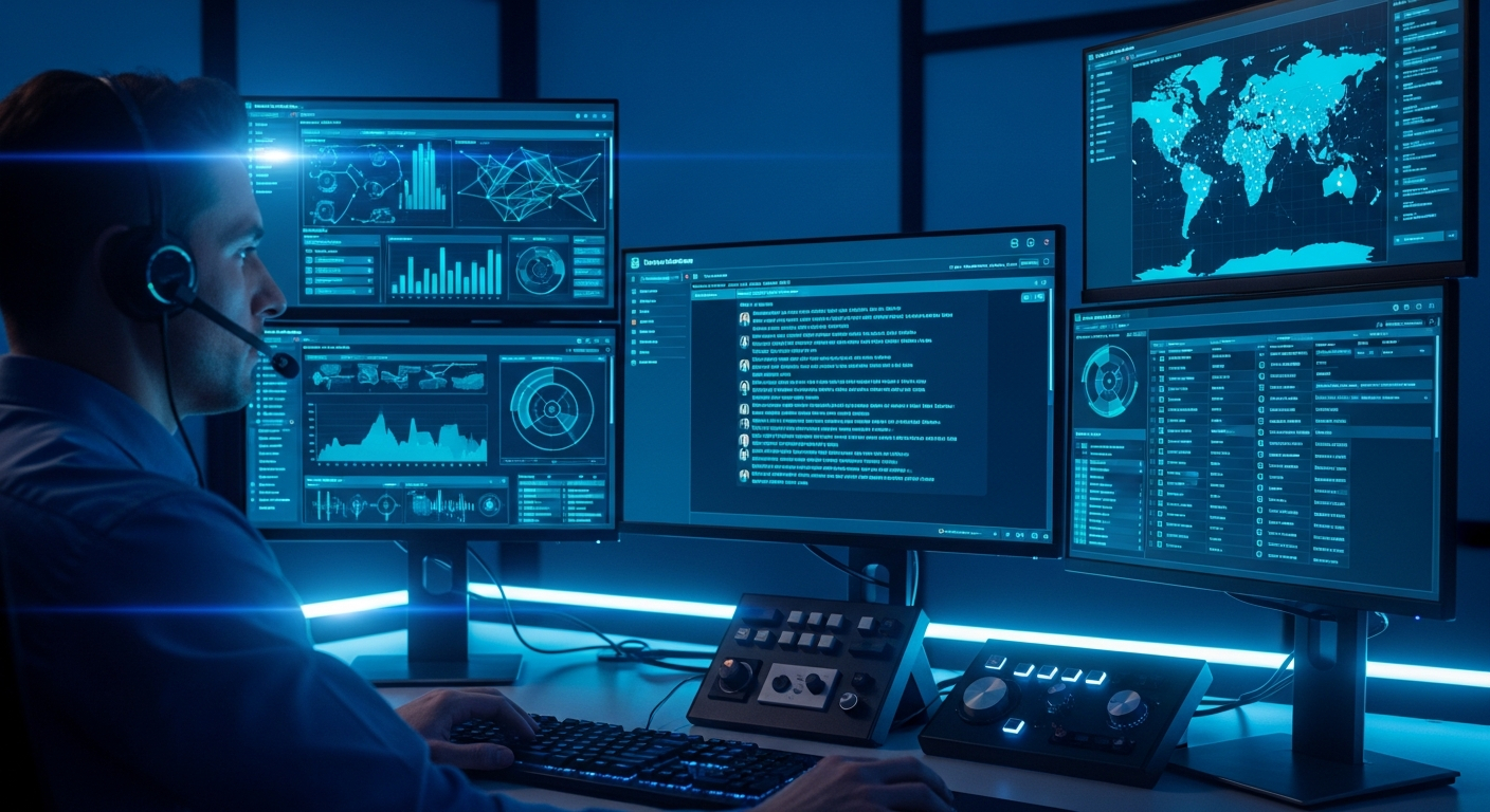 AI_IMAGE: An operator at a communications desk wearing a headset, multiple screens showing encrypted messaging interfaces and contact management dashboards with cyan UI elements, dark operations room with blue ambient lighting, professional security communications atmosphere | photorealistic | landscape