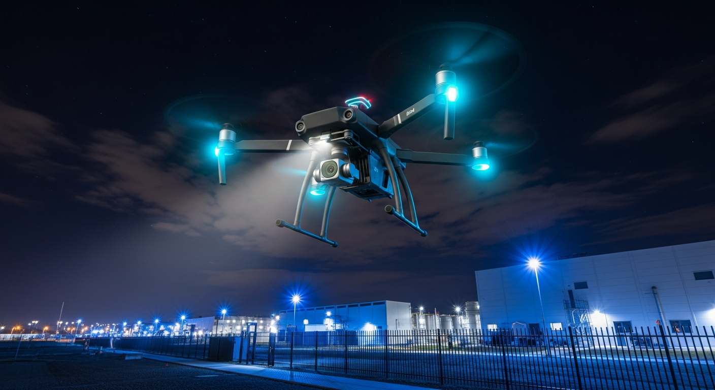 AI_IMAGE: A high-tech security drone with cyan LED navigation lights hovering above a modern industrial complex at night, its camera gimbal illuminated and scanning the perimeter, the facility below showing blue security lights along walkways and fences, dark sky with scattered clouds lit from below by city glow, dramatic low-angle looking up at the drone, futuristic security technology atmosphere | photorealistic | landscape