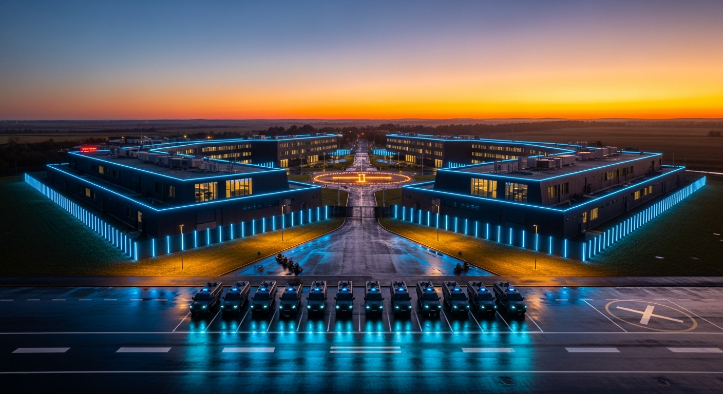 AI_IMAGE: Sweeping aerial drone shot of a fortified modern security compound at golden hour dusk, angular dark buildings with glowing blue LED perimeter fencing, armored patrol SUVs lined in perfect formation on wet asphalt reflecting cyan runway lights, helipad with illuminated landing cross, dramatic sky transitioning from deep indigo to burnt orange at horizon, ultra cinematic wide establishing shot | photorealistic | landscape