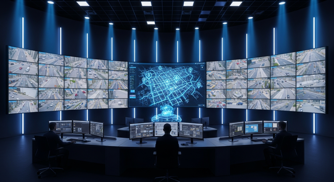 AI_IMAGE: Epic wide shot of a massive semicircular video wall spanning 20 meters inside a state-of-the-art security operations center, dozens of live surveillance feeds from city intersections and building interiors, central holographic-style 3D city map with glowing blue route overlays and threat markers, three operators at curved workstations silhouetted against the brilliant screens, dark room with volumetric blue light beams, futuristic command bridge atmosphere | photorealistic | landscape