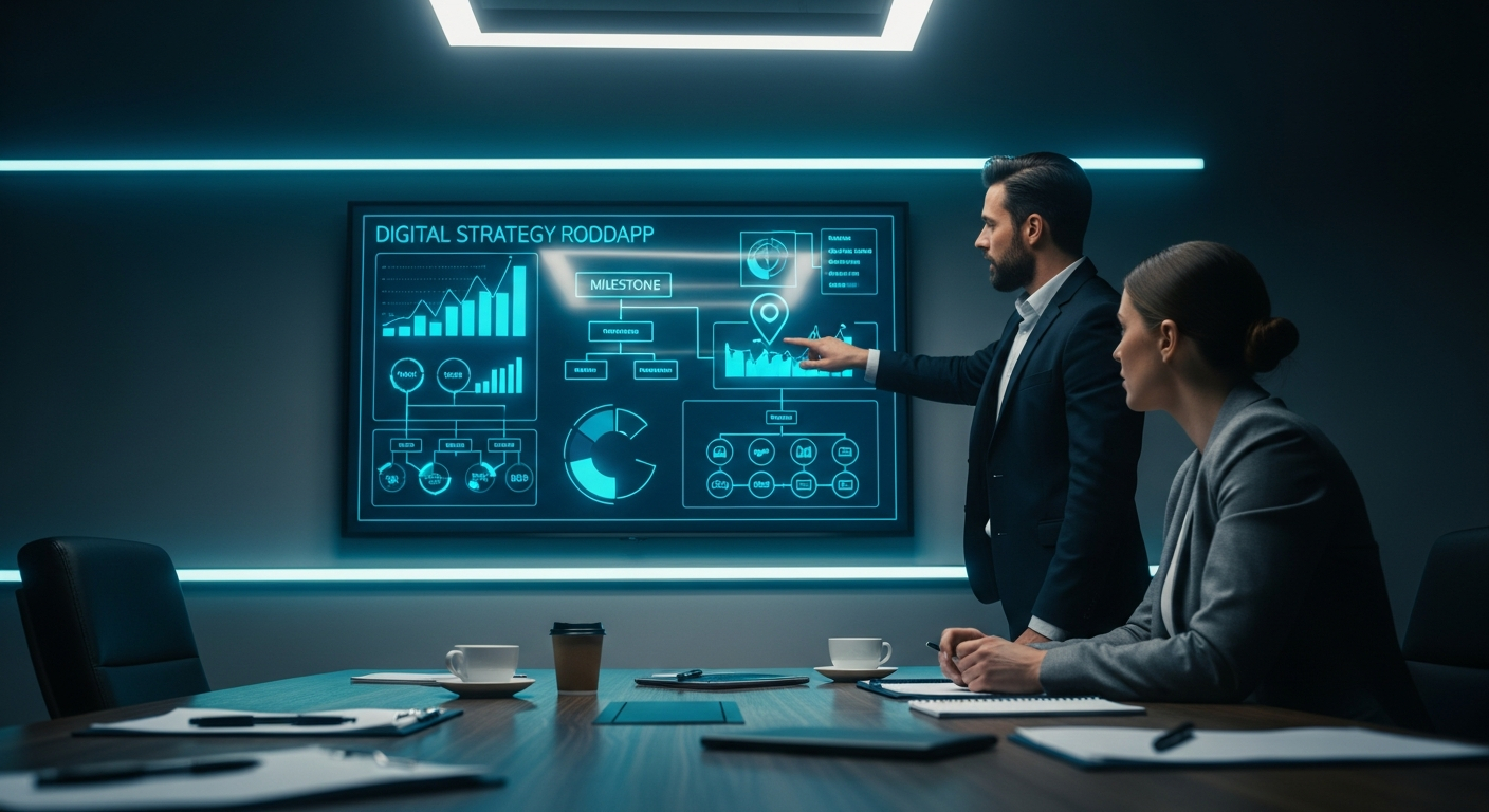 AI_IMAGE: Two professionals reviewing a digital strategy roadmap on a large wall-mounted display in a dimly lit conference room, blue data charts and flowcharts glowing on screen, one person pointing at a milestone marker, dark wood table with notepads and coffee cups, cold ambient lighting with subtle cyan accents, cinematic composition | photorealistic | landscape